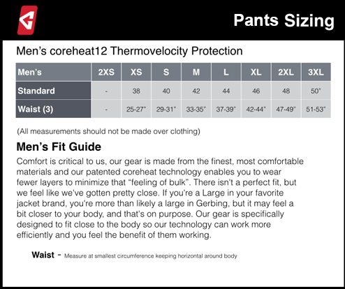 Gerbing's Gyde Pant Liner Size Chart