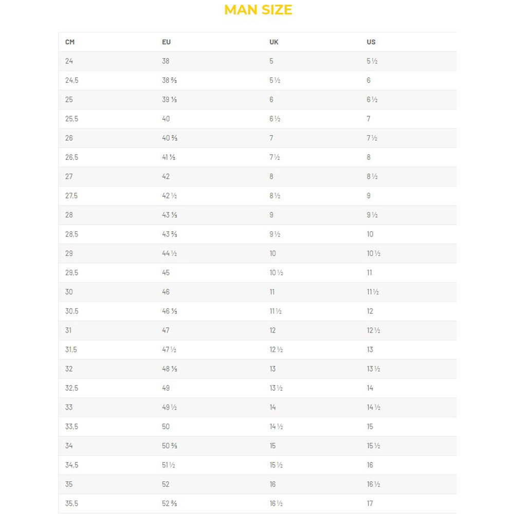 Asolo size chart