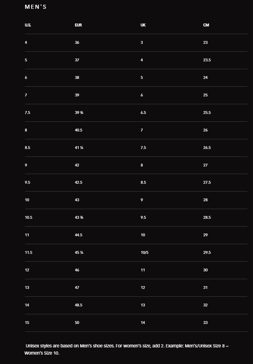 Baffin Size Chart