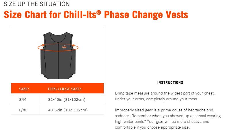 Ergodyne Chill-Its Size Chart