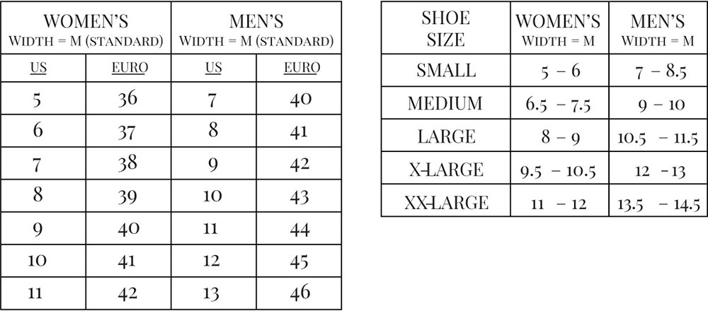Cloud Nine Sheepskin Shoe Sizing Chart
