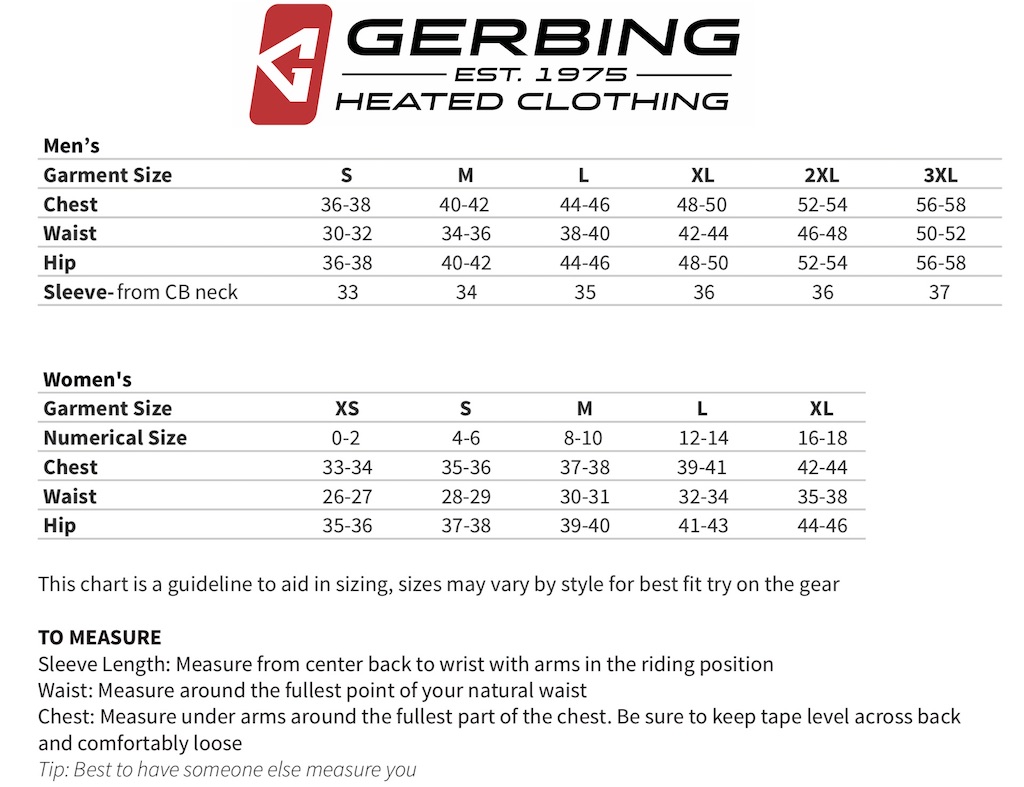 Gerbing Gyde Heated Jacket Size Chart