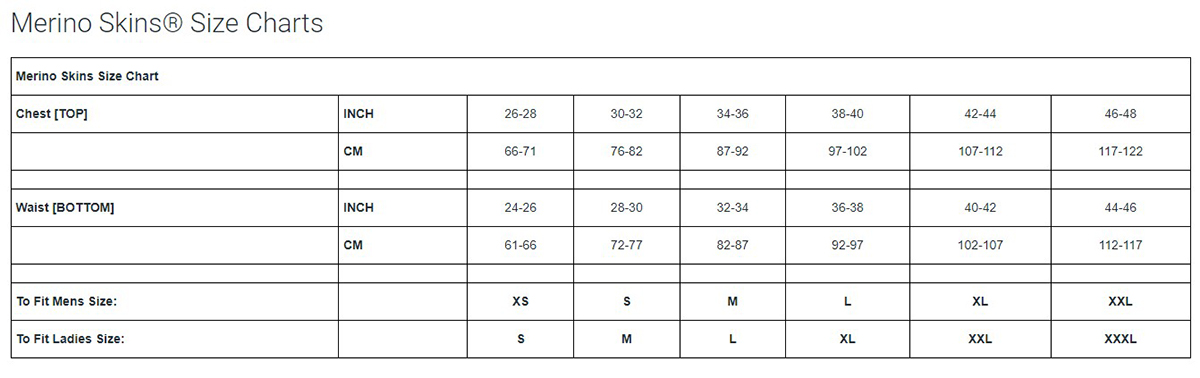 merino skins unisex size charts