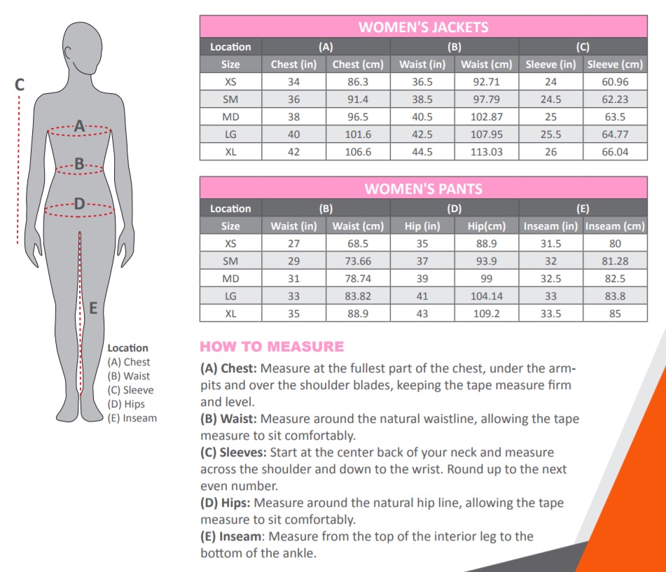 Mobile Warming Heated Clothing Size Chart Women