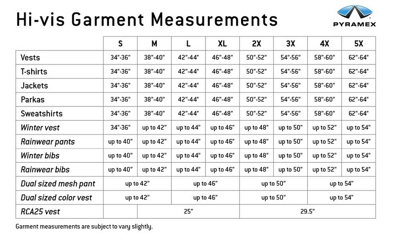 Pyramex size chart