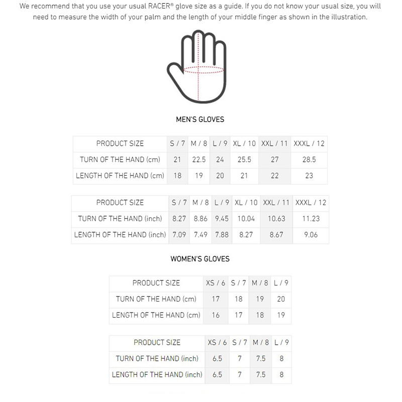 Racer Size Chart
