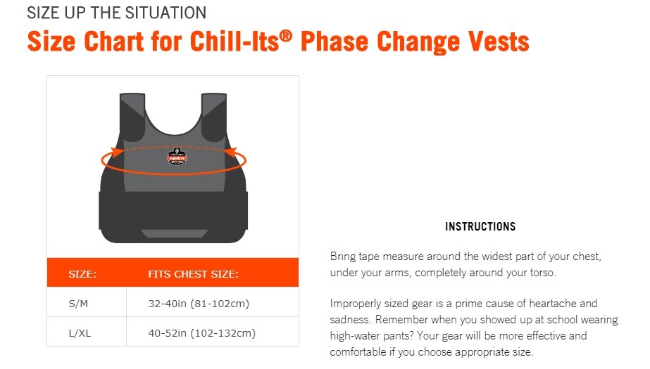 Chill-Its Cooling Phase Change Vest Size Chart