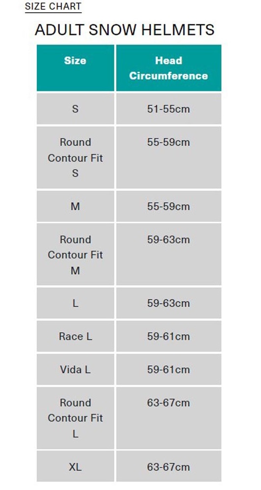 Snow Helmet Size Chart
