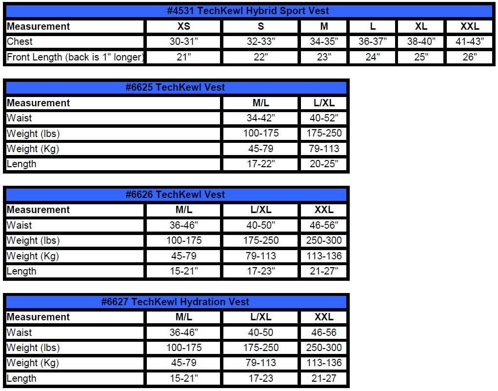 Techniche TechKewl Size Chart