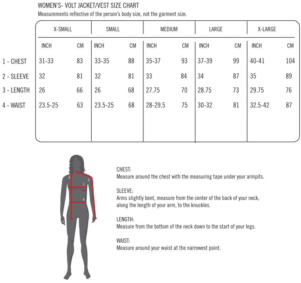 Volt Heat Women's Jacket and Vest Size Chart