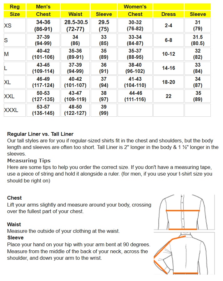 Warm & Safe Liner Size Chart