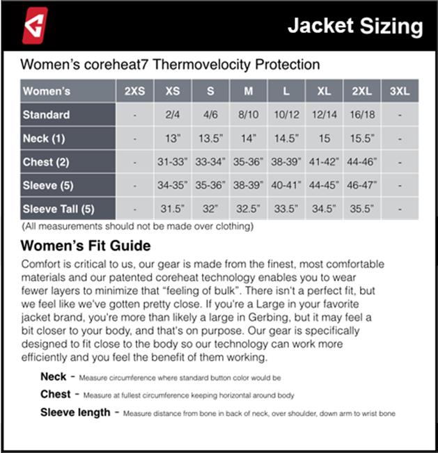 Female Gerbing Sizing