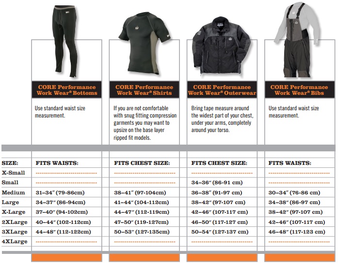 Ergodyne Work Wear Size Chart