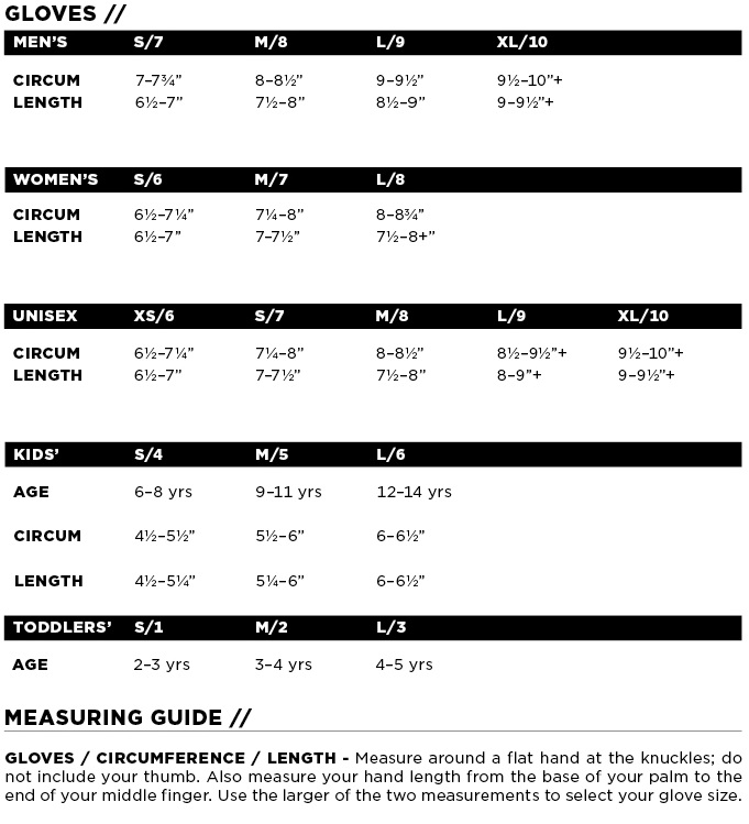 Outdoor Research Glove Size Chart