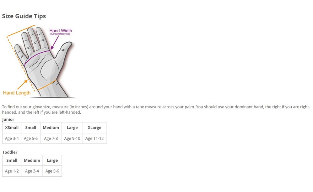 swany junior gloves size chart